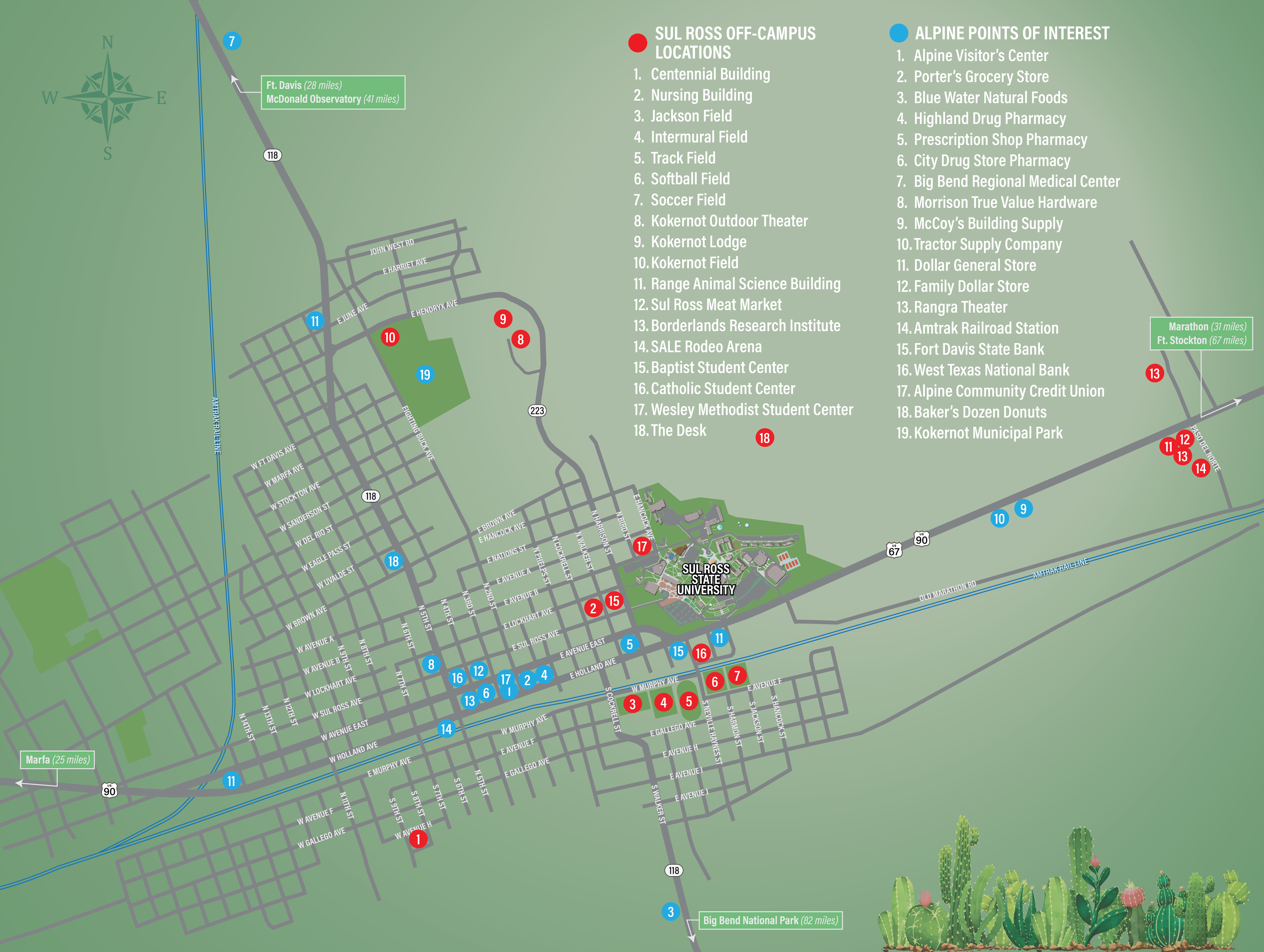 Area map of the city of Alpine, TX including Sul Ross off-campus locations like sports fields and the Range Animal Science facilities as well as various points of interest in town that may be helpful to students such as medical providers, banks, and grocery stores.
