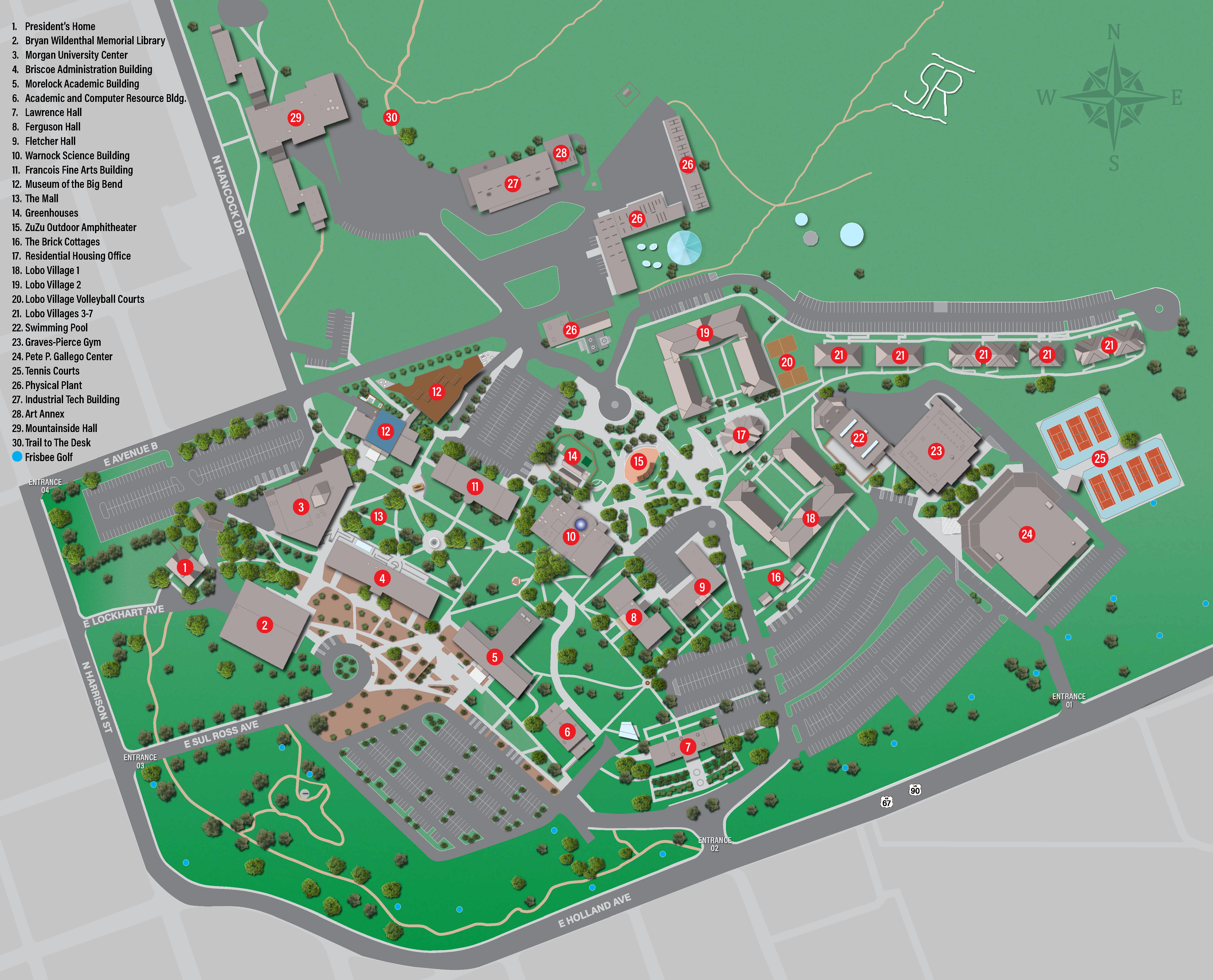 Map of the Alpine Campus including all academic buildings, dorms, and additional points of interest available on campus.
