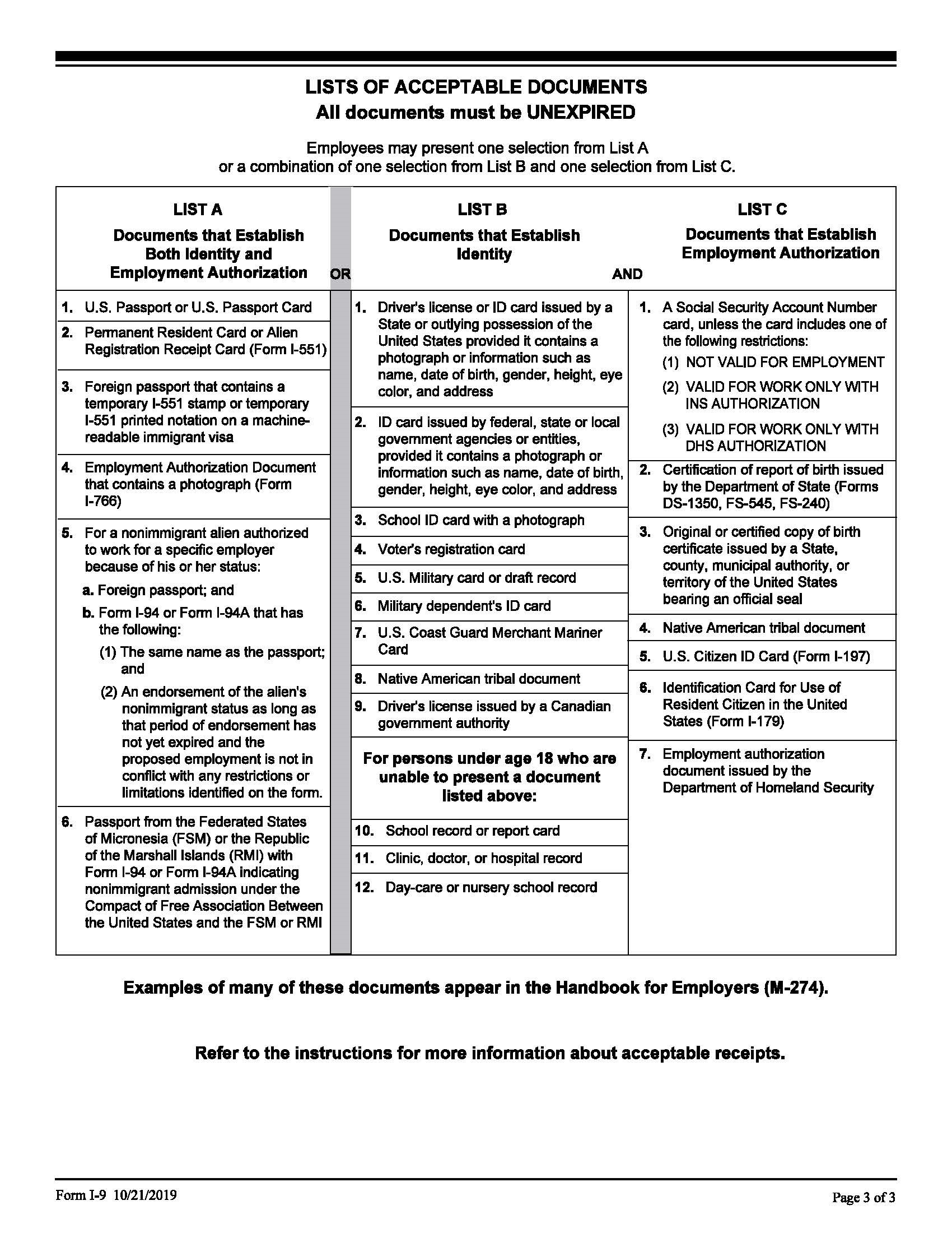 A photo of a table containing LISTS OF ACCEPTABLE DOCUMENTS required by the Dept. of Homeland Security.