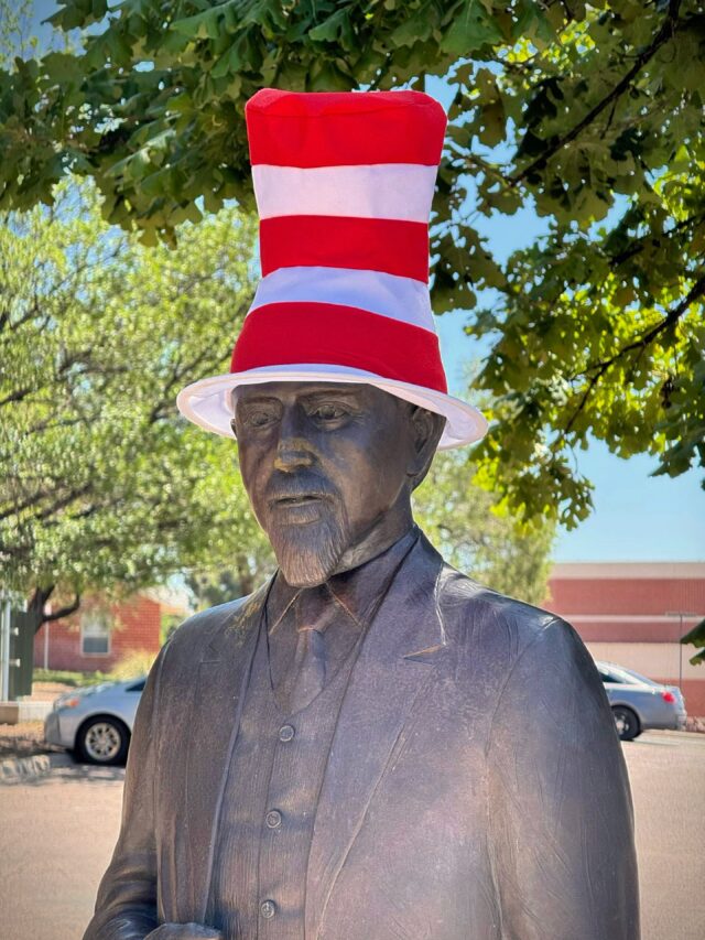 In a hat full of stripes and a big Lobo grin,
Ol’ Sully keeps wondering, “When will they come in?”
The Lobos are roaming, but not for too long-
Soon campus will bloom with that ol’ howling song! 
__________

Lawrence Sullivan Ross, Dr. Seuss, Fashion, Cat in the Hat, Summer, Fall, Semester, The Frontier University of Texas, Sul Ross State University